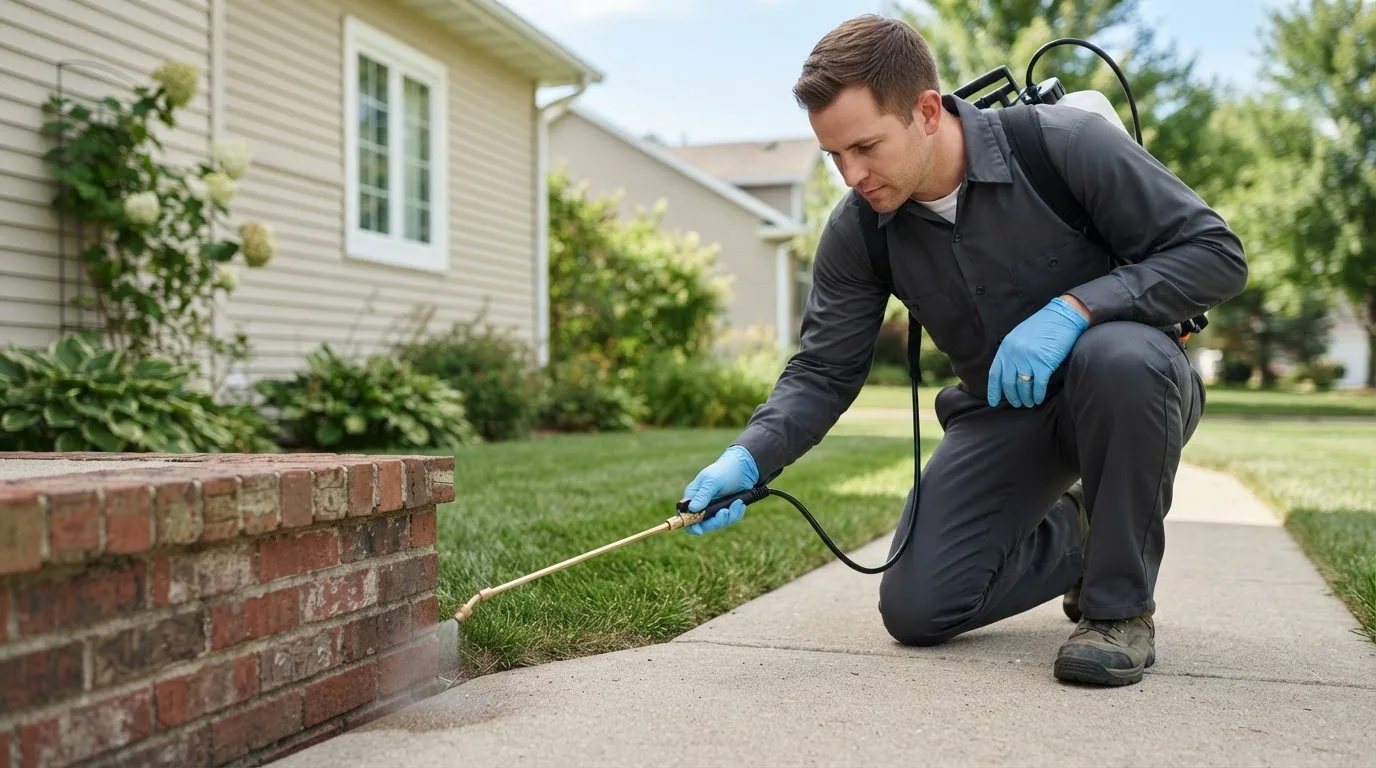 Pest control technician treating a home near Tokio, ND