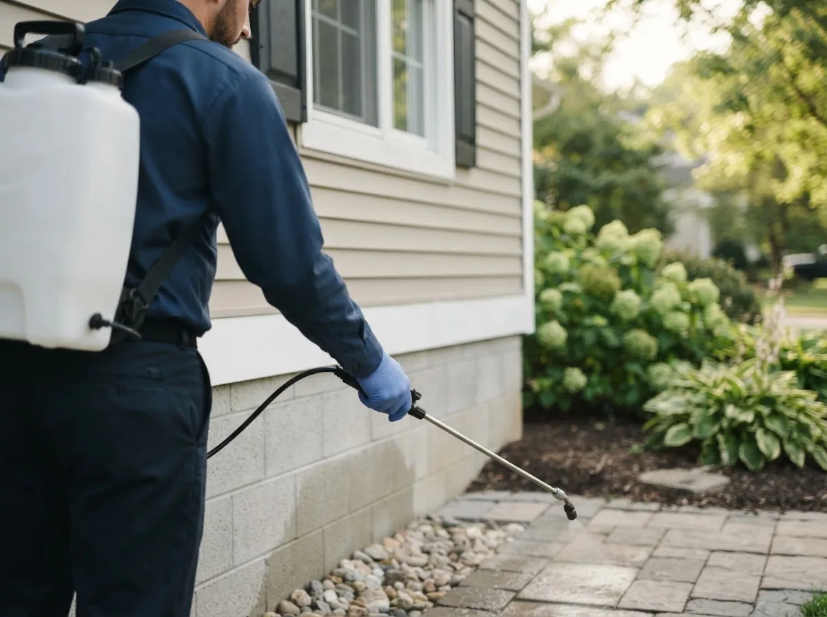 Pest control technician inspecting a home in Tokio, ND